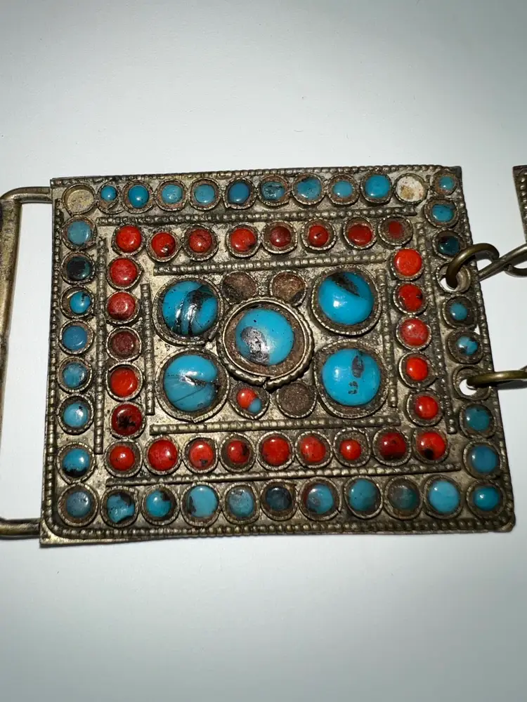 Vintage 1950’s Coral & Turquoise Stones Hammered Metal Nepal Artisanal Belt 32”