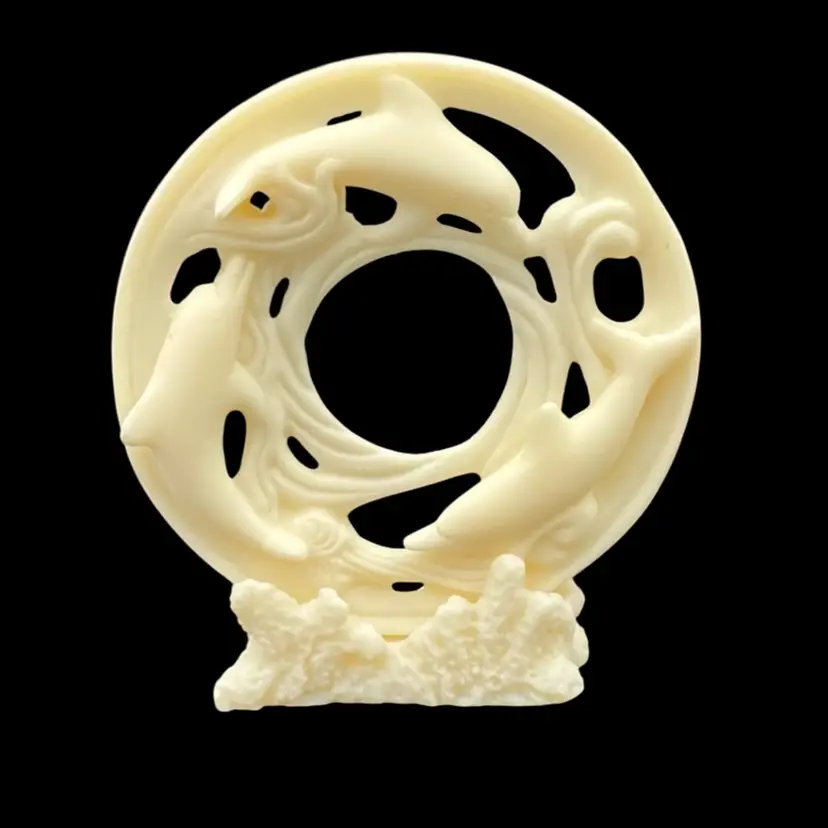 Circle of Dolphins Figurine, Coral Base, Sculpted Cream Resin, 3.9" tall