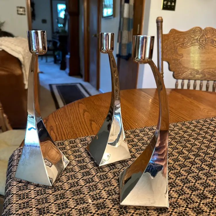 Vintage Chrome Candlestick Danish Modern Curved Metal MCM Set Of Three
