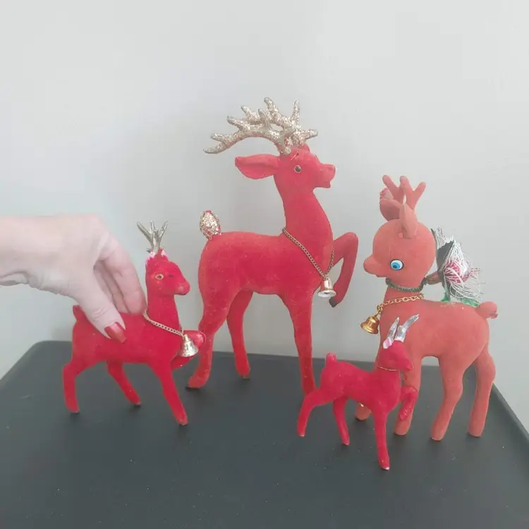 4 vintage red flocked reindeer made in Japan Christmas deer