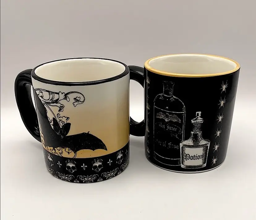 Ceramic Mugs, Halloween Theme, Bats, Spiders, Skulls, Potions, 4” Tall, Microwave/Dishwasher Safe