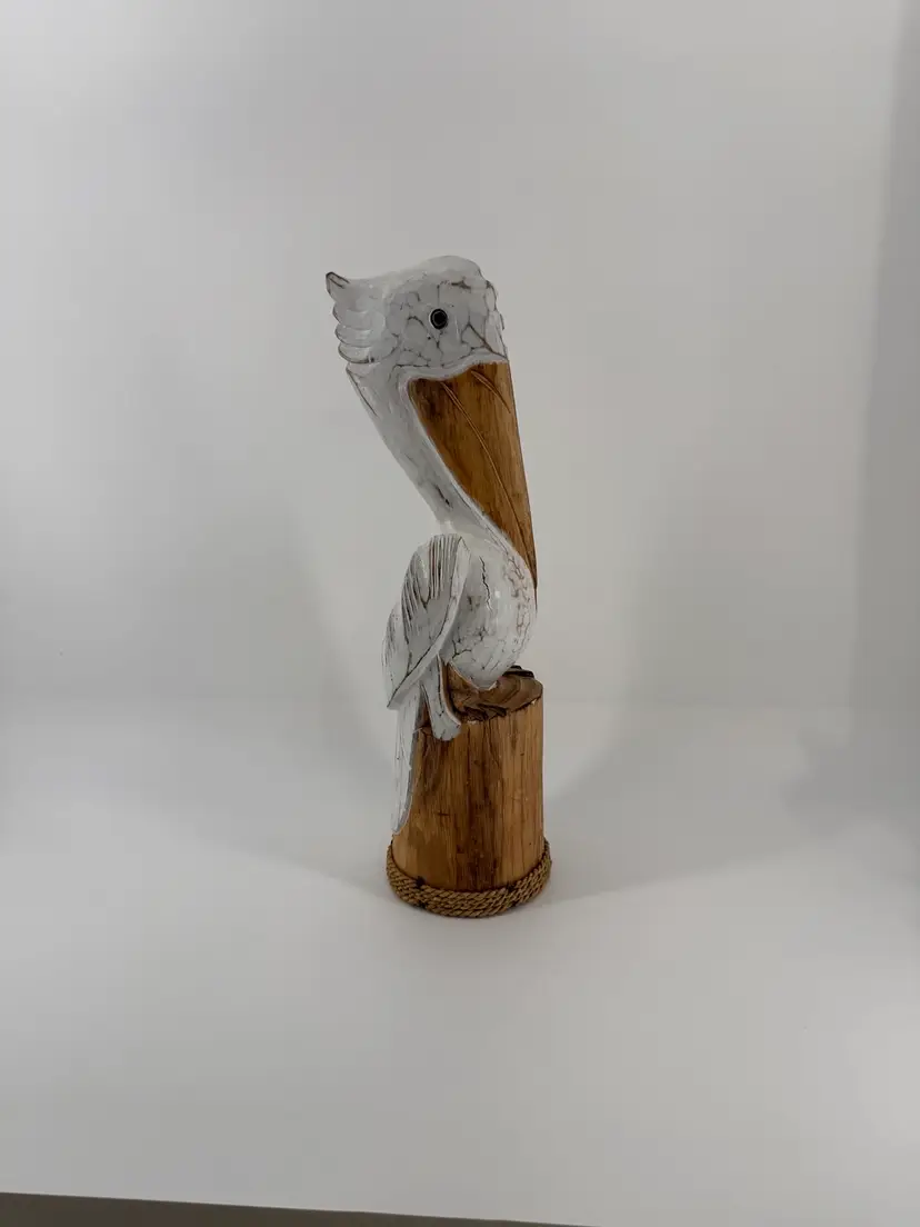 Beach Pelican Bird Perched On Roped Pilling Hand-Carved Wood Statue 20”