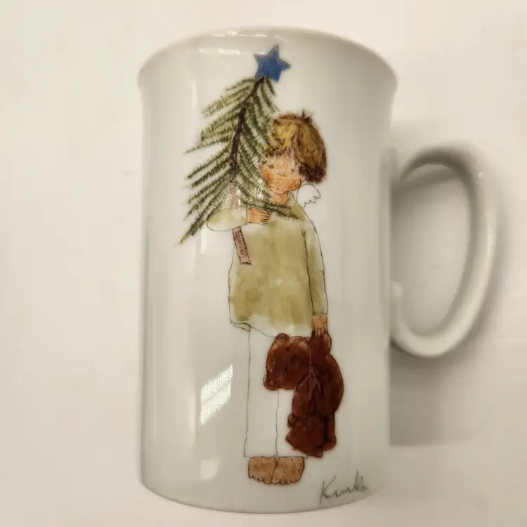 Kinka "Wish On The Christmas Star" Ceramic Mug Vintage Child Holding Tree & Bear