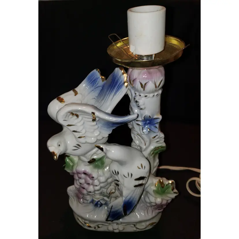 Vintage Precious Memories Porcelain Table Lamp Birds and Grapes Blue Gold White No Shade