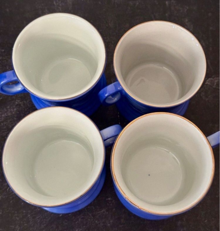 4 Vintage CURRIER & IVES Coffee Tea Cups Mugs Winter Scene Porcelain Blue
White