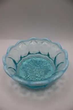 Vintage Fenton Blue Opalescent Art Glass Candy Dish/Bowl, Grape & Diamond Pattern