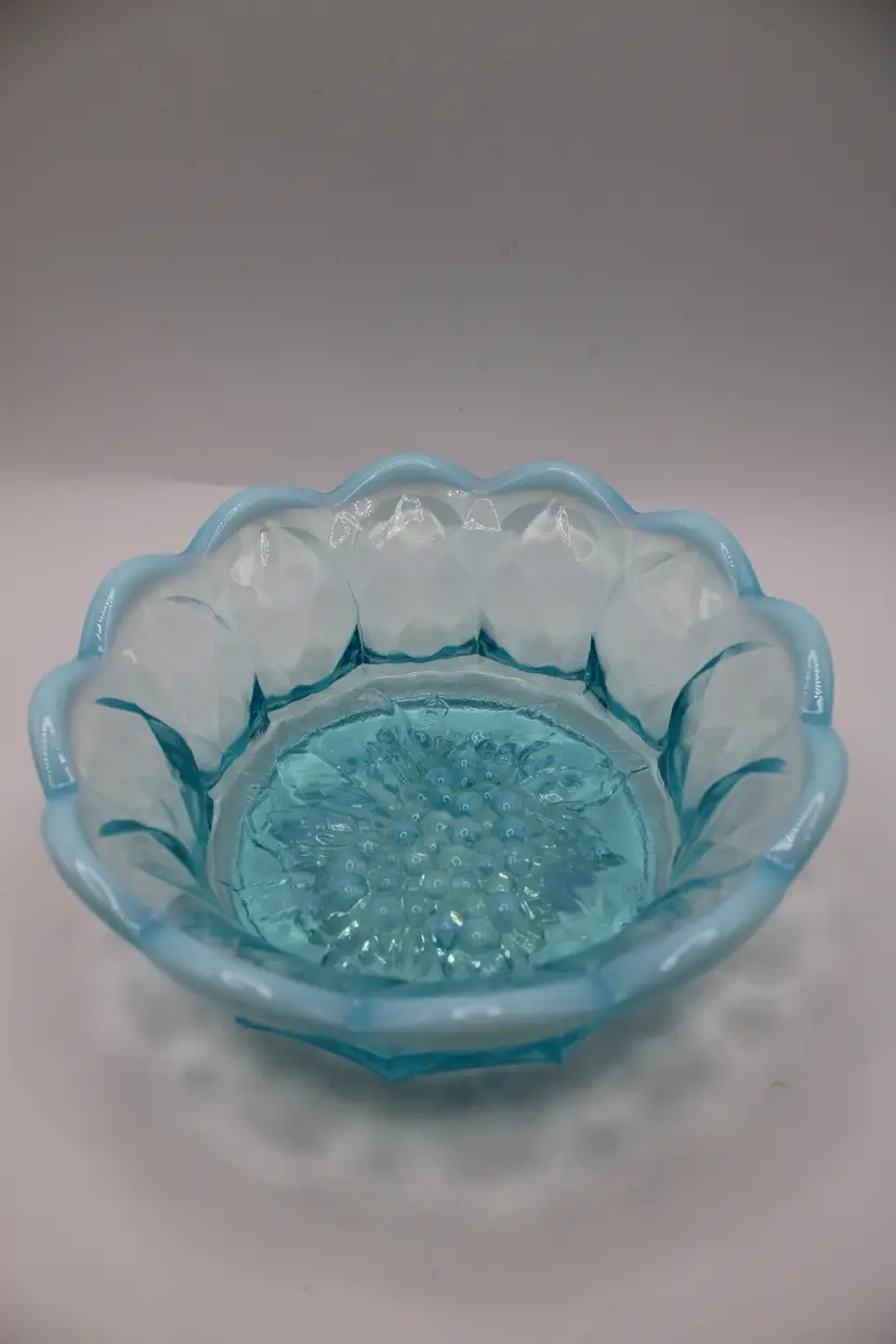 Vintage Fenton Blue Opalescent Art Glass Candy Dish/Bowl, Grape & Diamond Pattern