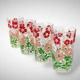 Vintage Floral Drinking Glasses Set of 4 Red Pink Green Flower Tumblers