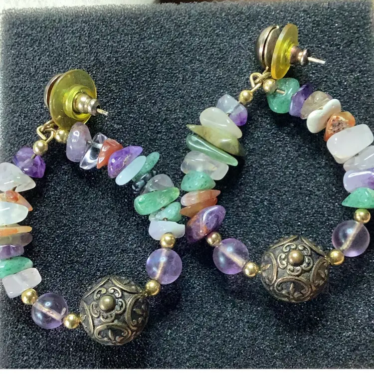 Natural Stone Chunks Post Earrings Gold/brass Tone 2””