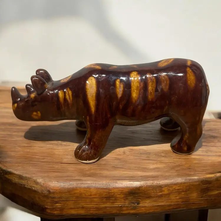 Vintage Rockingham Pottery Rhino, Brown Drip Treacle Glaze Rinoceros