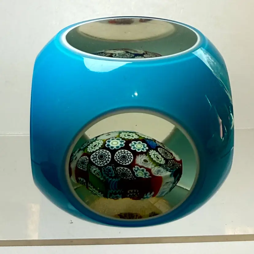 Vintage Turquoise Blue Cased Glass Faceted Millefiori Cube Window Paperweight
