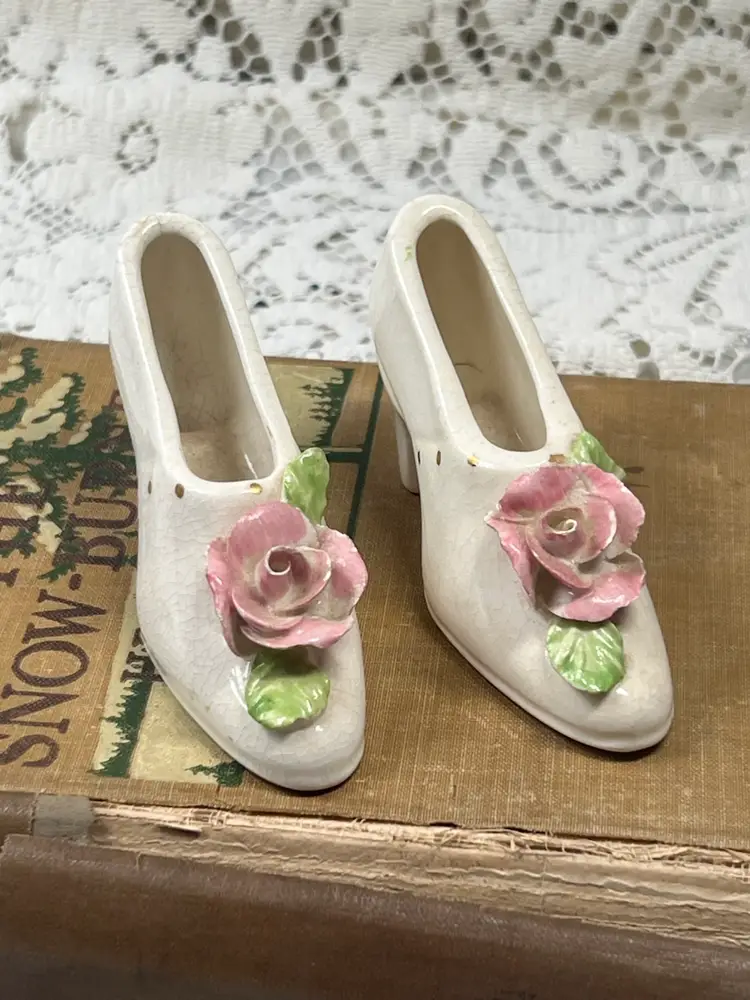 A Pair Of Pink Applied Flowers, Handmade Jet, China Company, High Heel Shoes, 4" X 2"