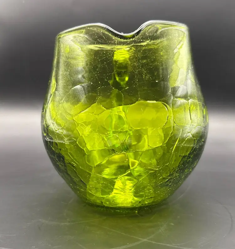 Vtg Blenko Green Crackle Glass Hand Blown Squat Pitcher Applied Handle And Spout