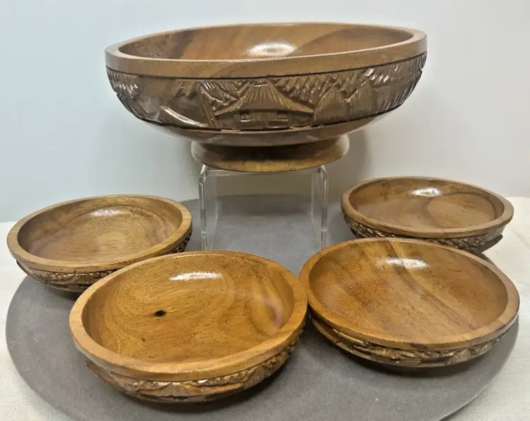 Vintage Hand-carved Wooden Asian Salad Bowl Set with Four (4) Matching Bowls
