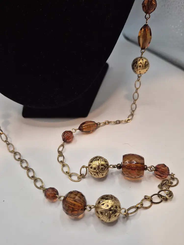 46" Gold Tone Chain w/Gold Tone and Amber Colored Beads Necklace