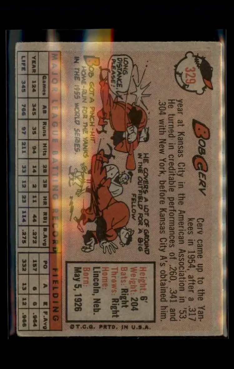 1958 Topps #329 Bob Cerv - (pk4) - Kansas City Athletics