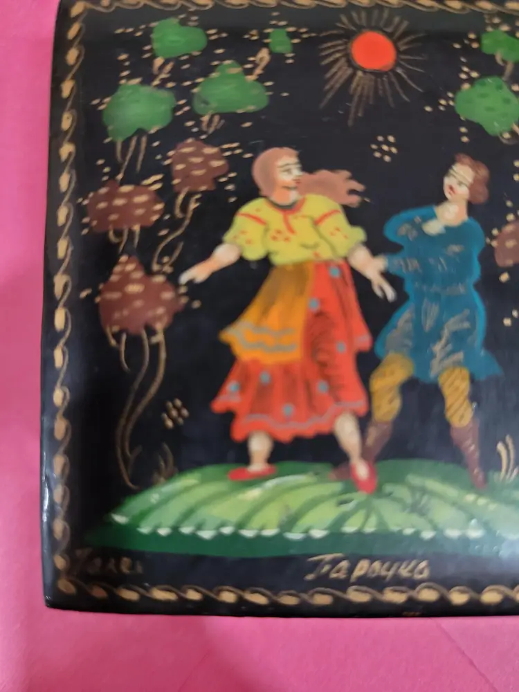 Palekh Russian Laquered Trinket Box, signed and dated