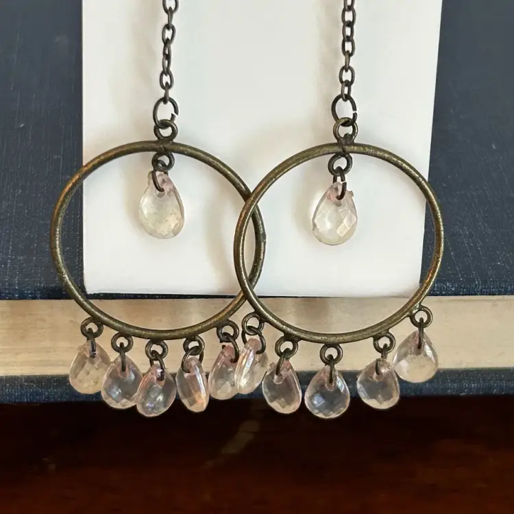 Vintage Boho Dangle Earrings - Brass-Tone Hoops with Pale Pink Beads Chandelier