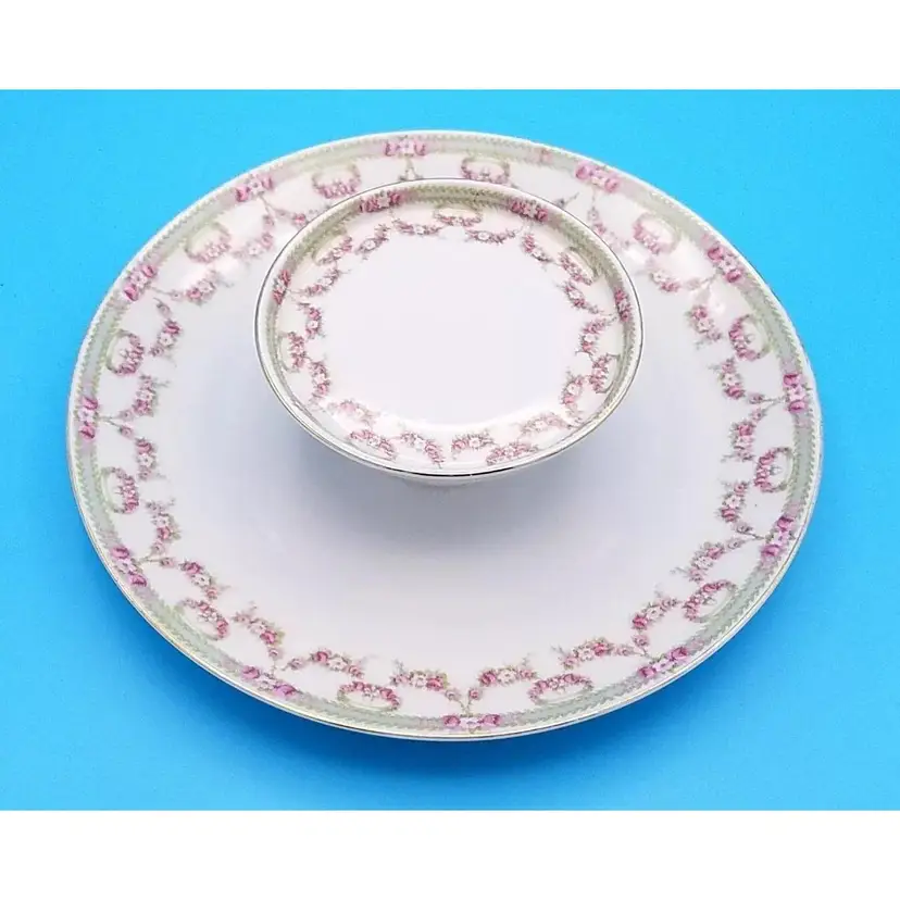 Vintage Schwarzburg Two-Tier Serving Dish, Pink Rose Garland