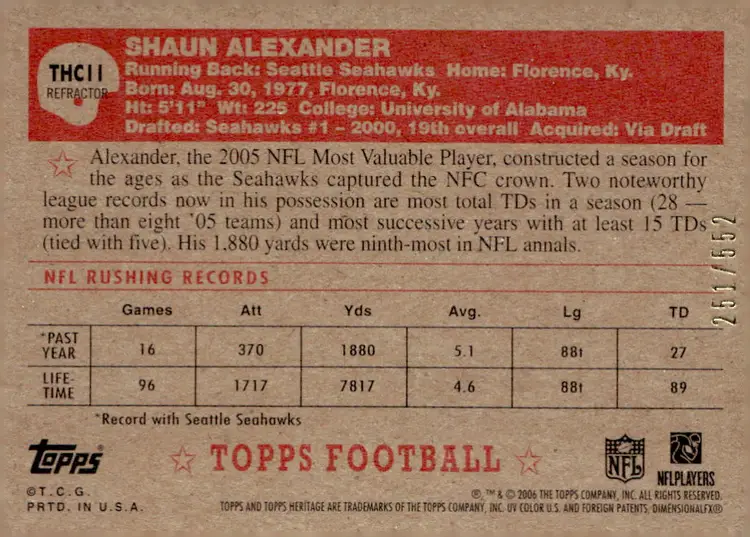 2006 Topps Heritage #THC11 Shaun Alexander Chrome Refractors #/552