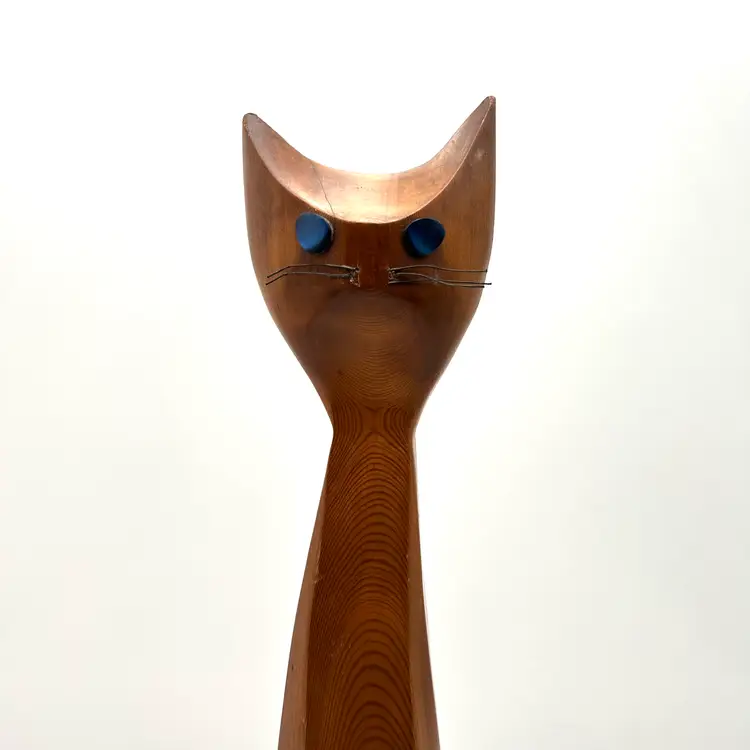 Tall Mid Century Scandinavian Style Wood Carved Cat Figurine