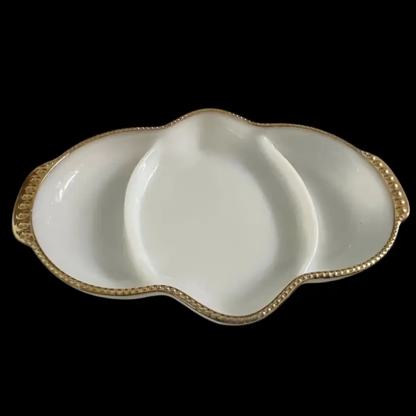 Fire-King Golden Shell Divided Relish Dish – Milk Glass with 22K Gold Trim- 11”x7.5”