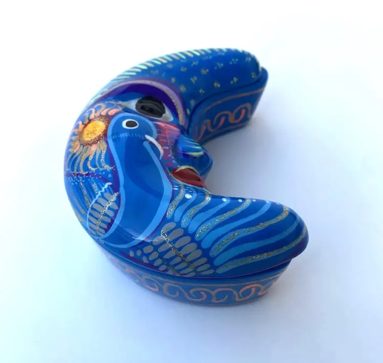 Mexican Folk Art Multicolor Clay Pottery Hand Painted Crescent Moon Trinket Box