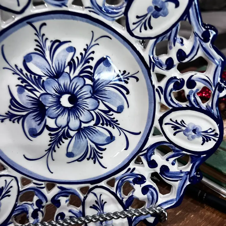 016 Vintage Hand Painted On Portugal White & Blue Plate 10”
