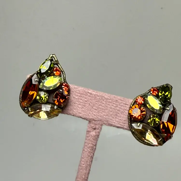 Vintage Fall Tones Rhinestone Clip Earrings UV Uranium Glow Green Orange Red