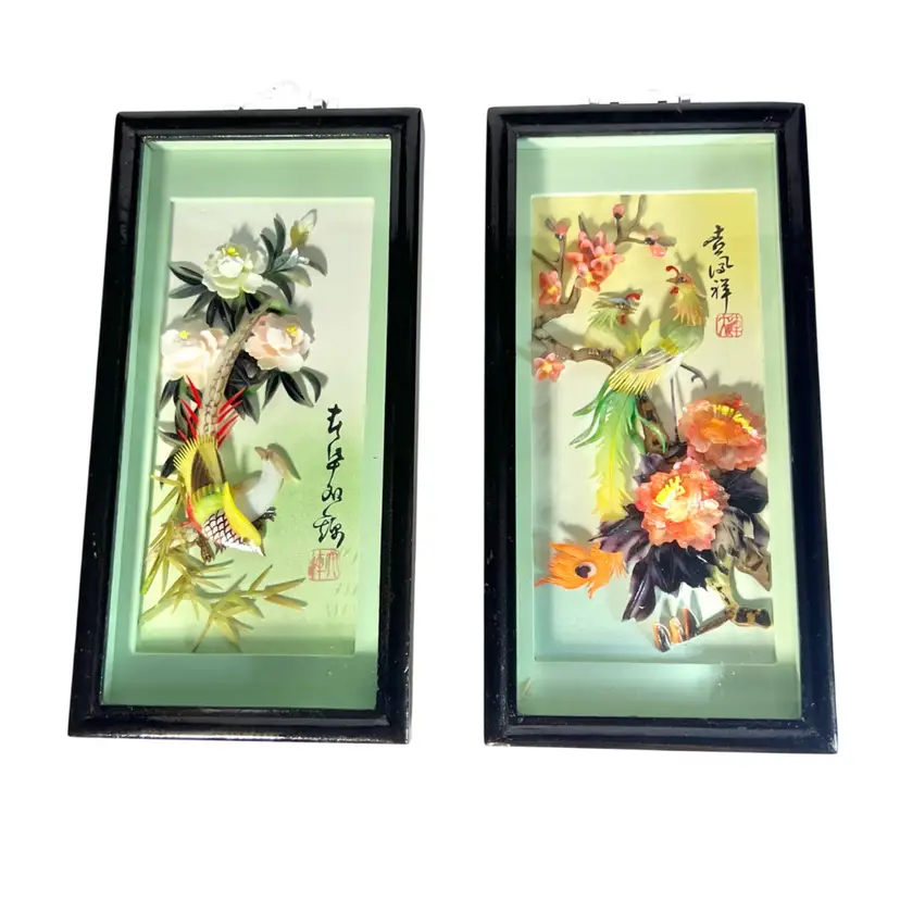 Vintage Shell Wall Art Panels Shadow Box 3D Mother-of-Pearl Bird and Flower Black Lacquered Wood Frame 1950-70s