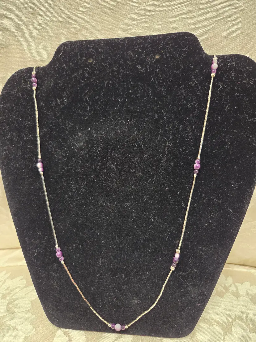 Vintage Silver Tone 30" Necklace with Marbled Purple Glass Station Beads Marked Korea