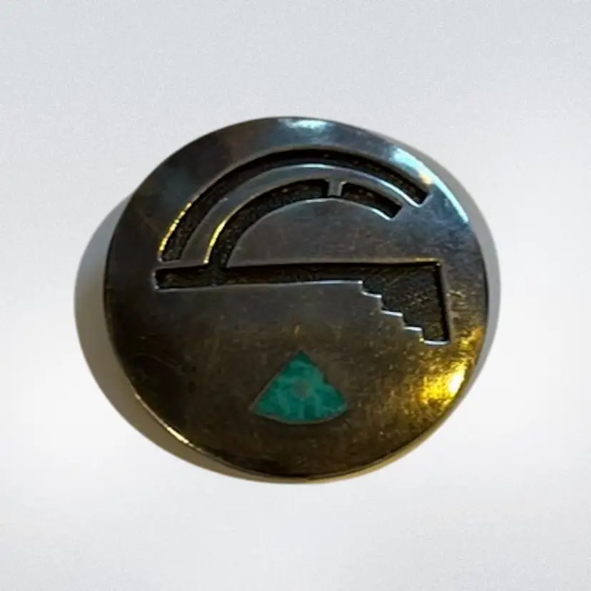 Vintage Post WWII Era Native American Hopi Water Wave Design Turquiose Inlay Brooch, 1.5”, 11.3g Tested