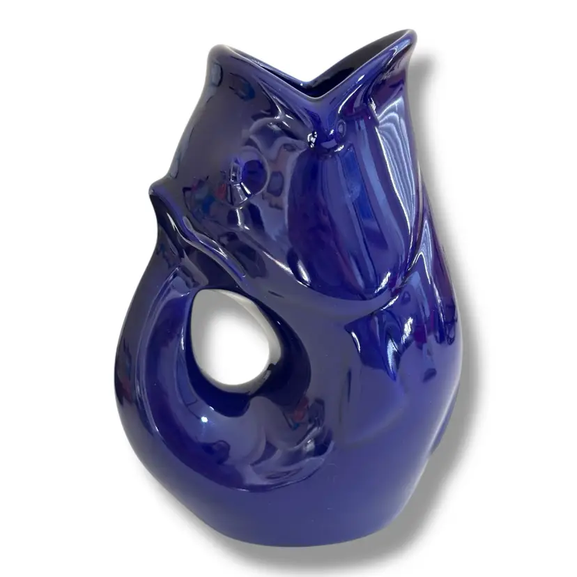 Vintage Ceramic Fish Gurgle Pitcher Gurgling Jug Gurgle Pot Vase Colbalt Blue
