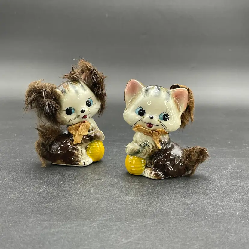 Norleans Cat Kitten Faux Fur Whiskers Figurines Vintage Kitsch Kitschy Set of 2