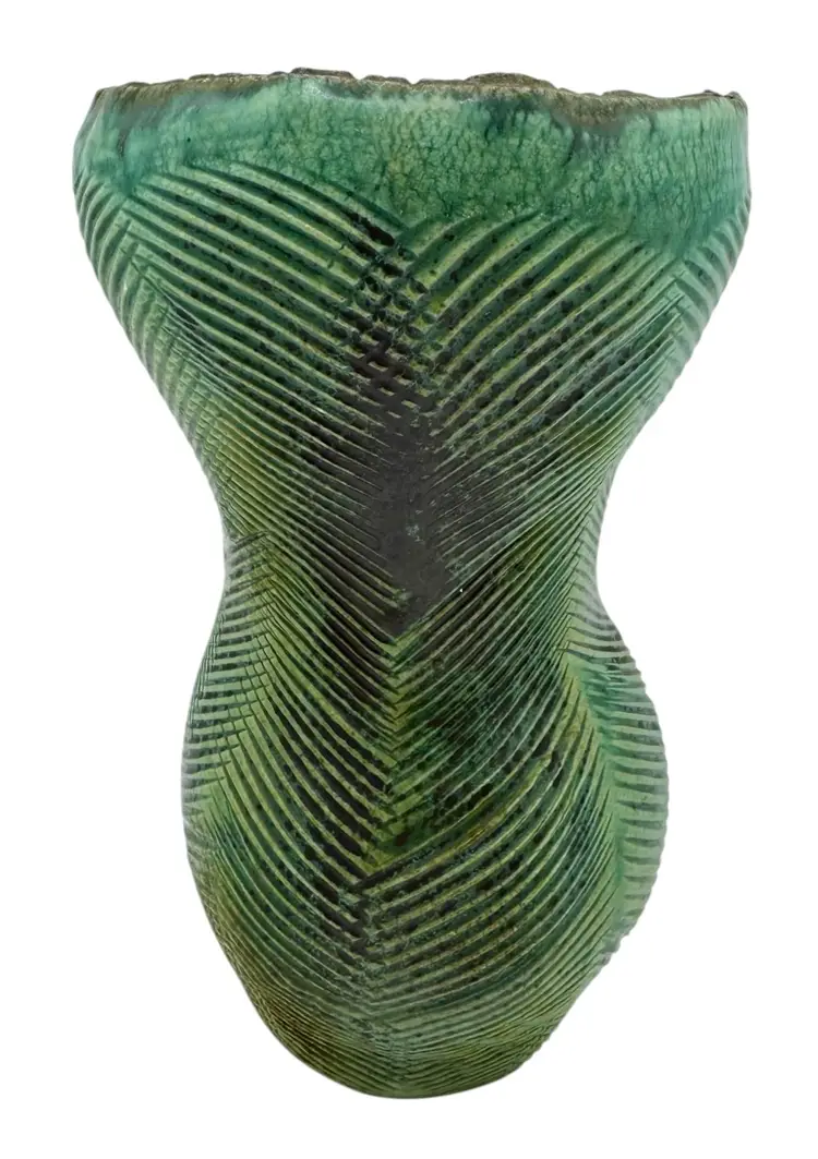 Signed GW Studio Art Pottery Vase Gourd Turquoise Blue Green Leaf Textured 7”