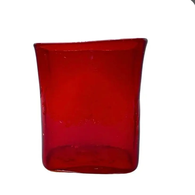Abstract Ruby Red Blown Art Glass Pillow Block Vase Handmade