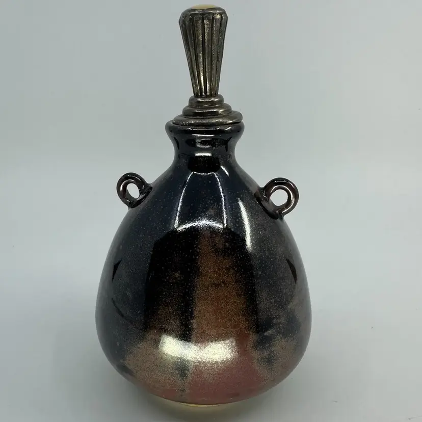 Maitland-Smith Handthrown Pottery Dresser Vanity Bottle Double Handled With Mother Of Pearl & Silver Stoppers