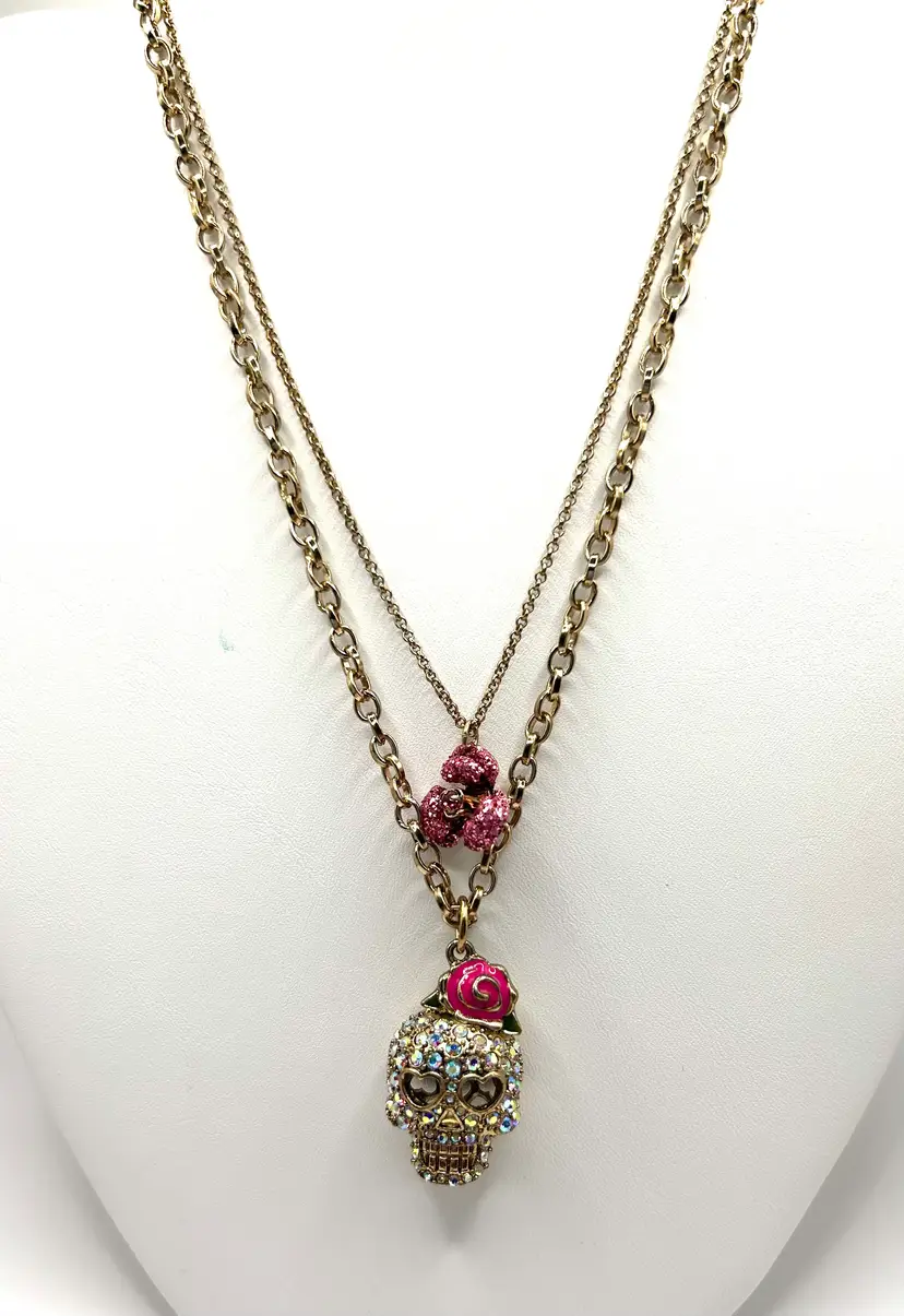 Signed Betsey Johnson Crystal Skull & Flower Necklace on 16β Gold Tone Chain