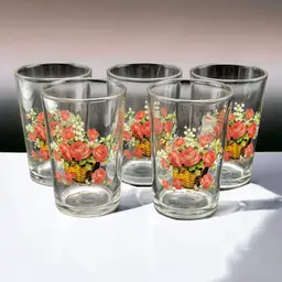 Vintage Red Orange Roses Juice Tumblers Glasses Set of 5 Briliant Indonesia KIG
