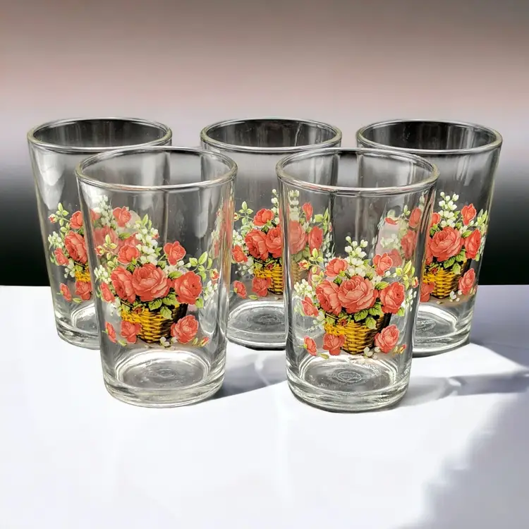 Vintage Red Orange Roses Juice Tumblers Glasses Set of 5 Briliant Indonesia KIG