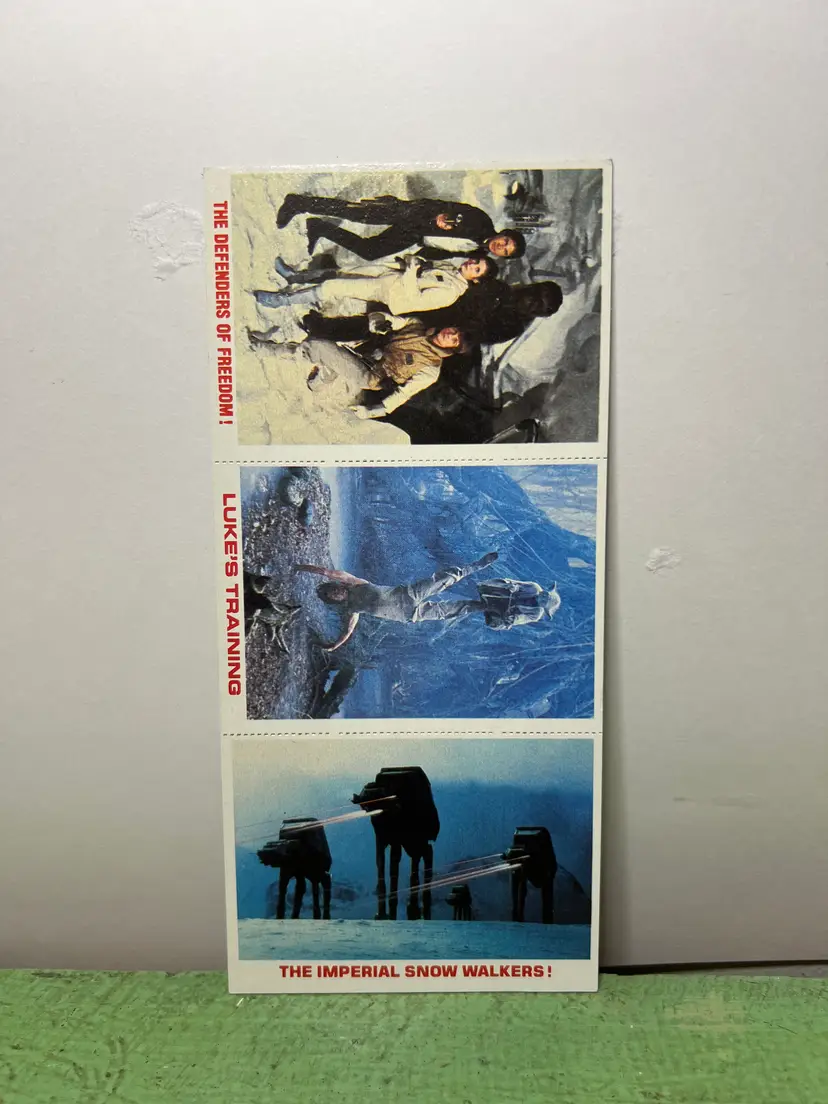 1977 Burger King Star Wars Trading Card 3 Card Uncut Panel Defenders of Freedom, Luke Skywalker, Imperial Snow Walkers