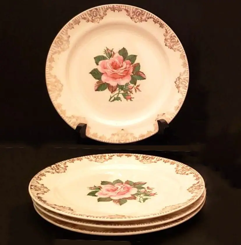American Rose Bread Dessert Plates Paden City Pink Roses Gold Vintage 4 Plates