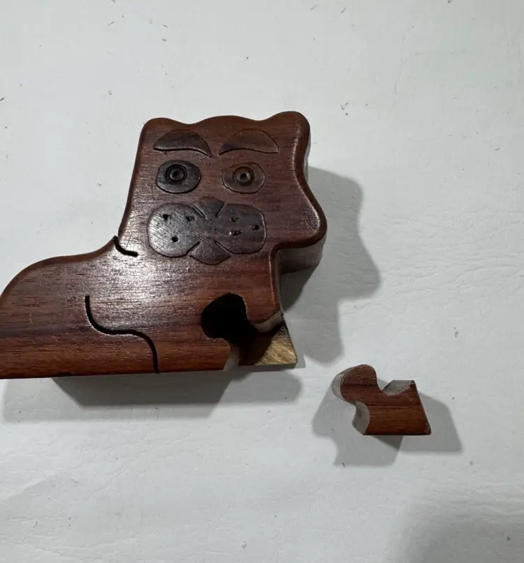 Wood Carved Cat Puzzle Box Secret Compartment Jewelry Trinket