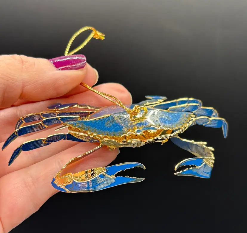 Gold Tone Metal Blue Crab Ornament