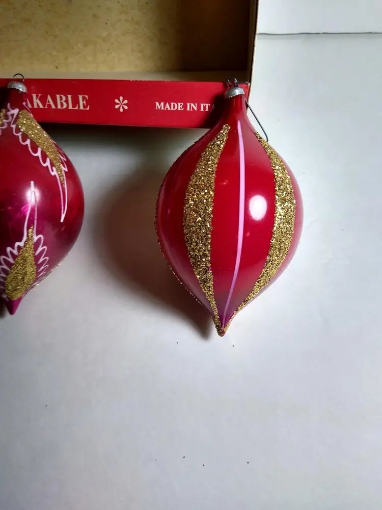 Vintage Unbreakable Italian Ornaments With Box Lot Of 3 Red Gold Glitter Retro