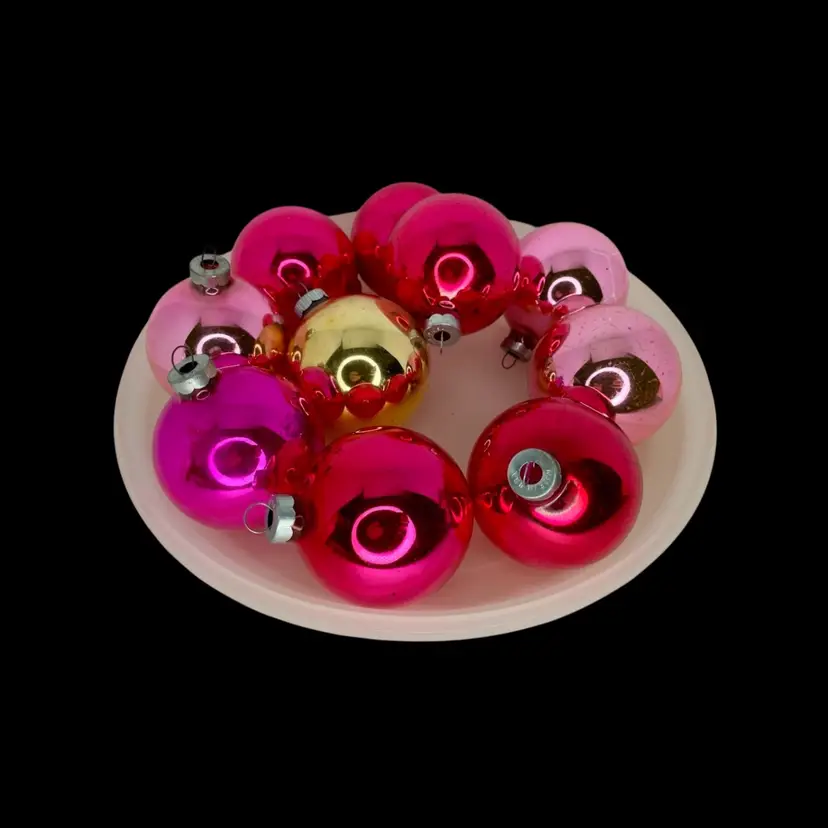 10 Vintage Shiny Brite Glass Ball Christmas Ornaments Pink Fuchsia Gold 2.5”