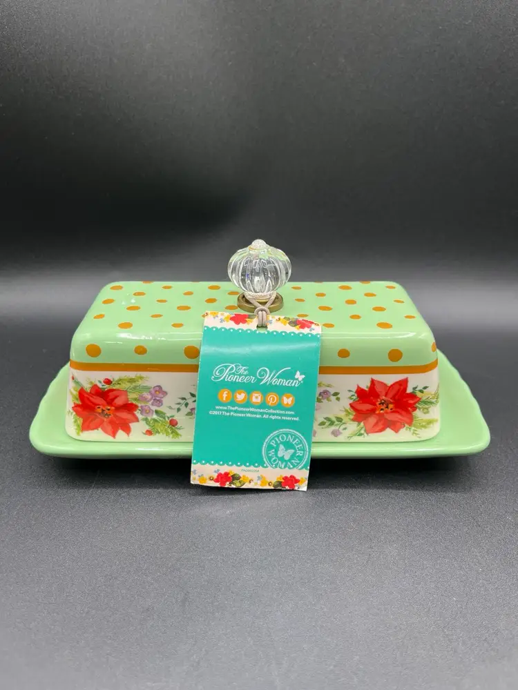 Brand New Pioneer Woman Mint Green Gold Dots & Red Poinsettia “Holiday Cheer” Ceramic Butter Dish 7.5” 🧈