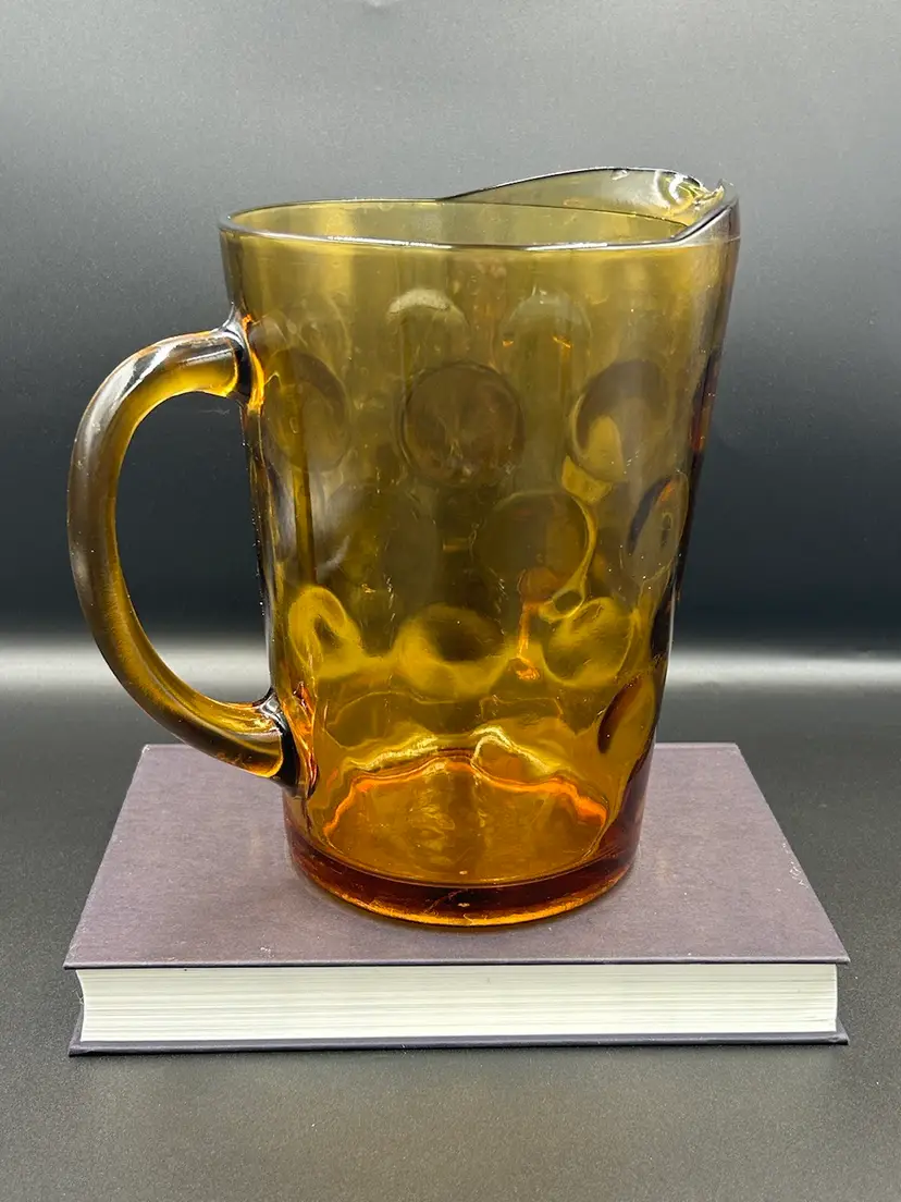 Vintage Hazel Atlas Glass Pitcher Gold Amber Eldorado Coin Dot 62oz