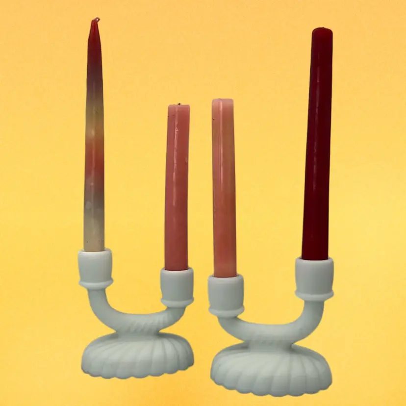 Vintage Imperial Satin Milk Glass Double Candle Holders 4.5” Tall x 4.25” Wide 3.75” Deep