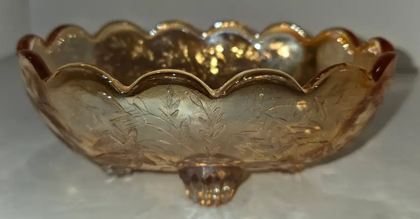 Vintage Amber Glass Covered Candy Dish - Floral Embossed Scalloped Lidded Bowl, 4 Feet
